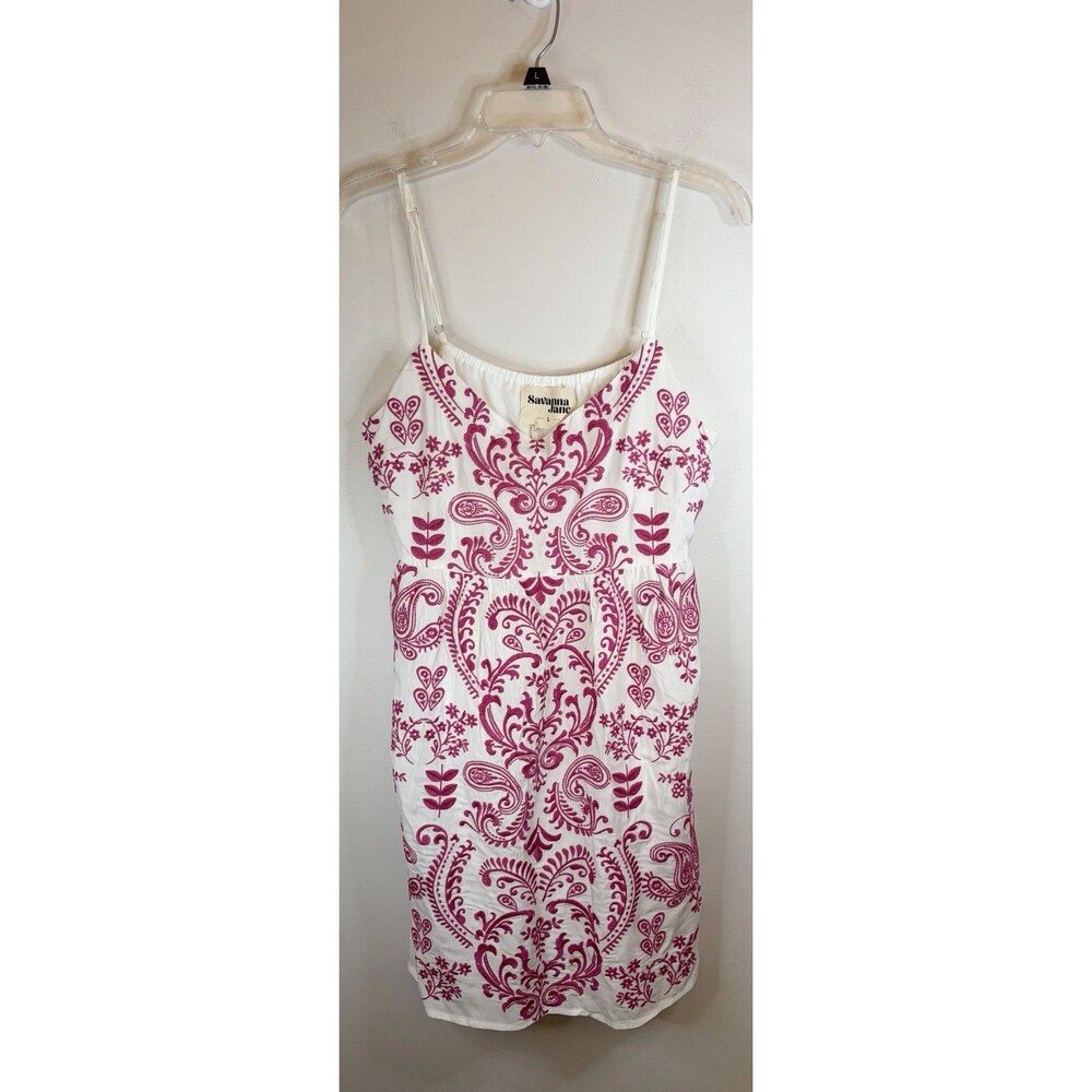 SAVANNAH JANE Embroidered White Pink Damask Print Tank Top Large Boho Festival